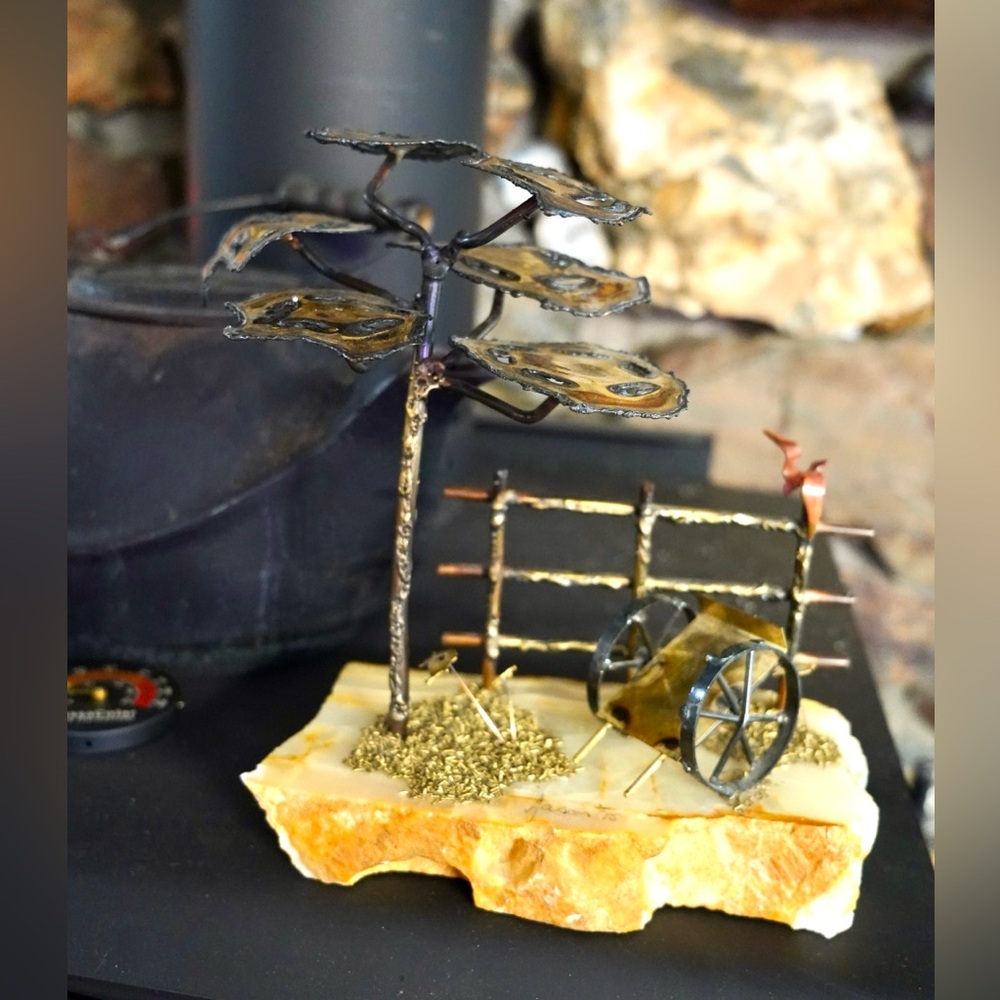 Mario Jason Brutalist Brass Torch Cut Bonsai Tree Wagon Landscape 10”H Signed